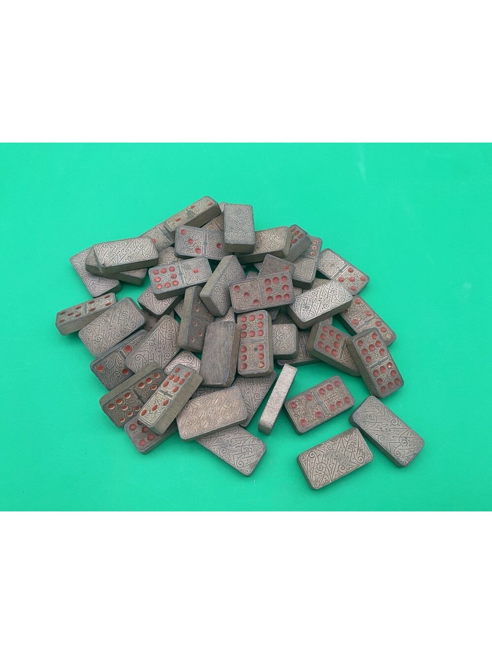 Antique Ornate Patterned Wooden Dominoes w/ Orange Pips - Lot of 50